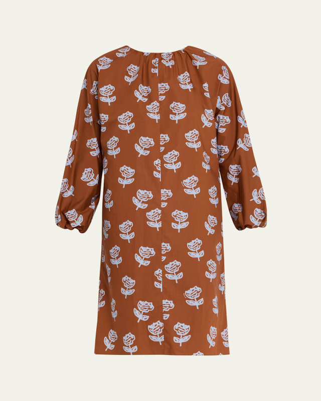 Floral Gathered-Neck Long-Sleeve Midi Dress